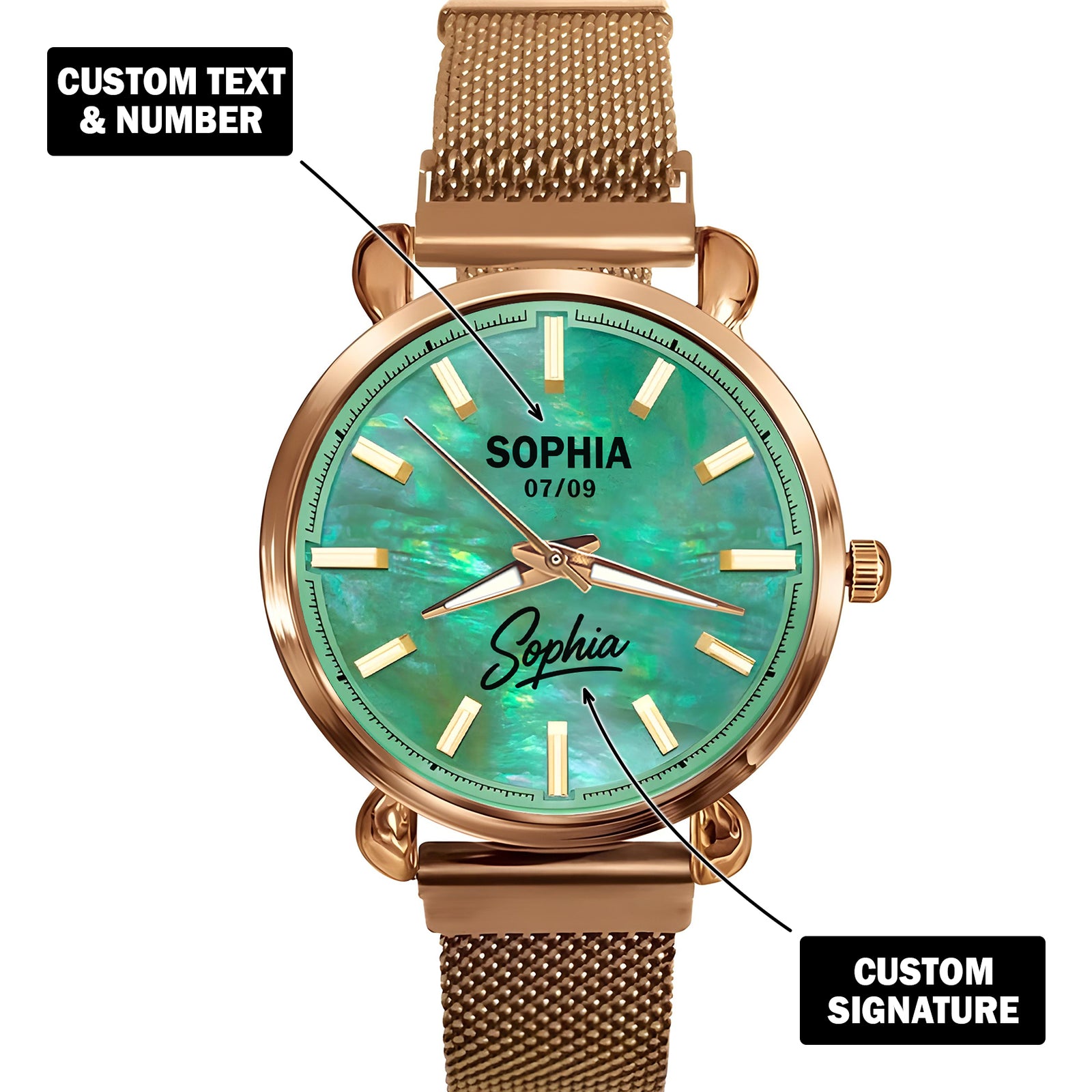 Custom Wrist Watches For Ladies - Green Mother Of Pearl Dial - Rose Gold Watches For Ladies