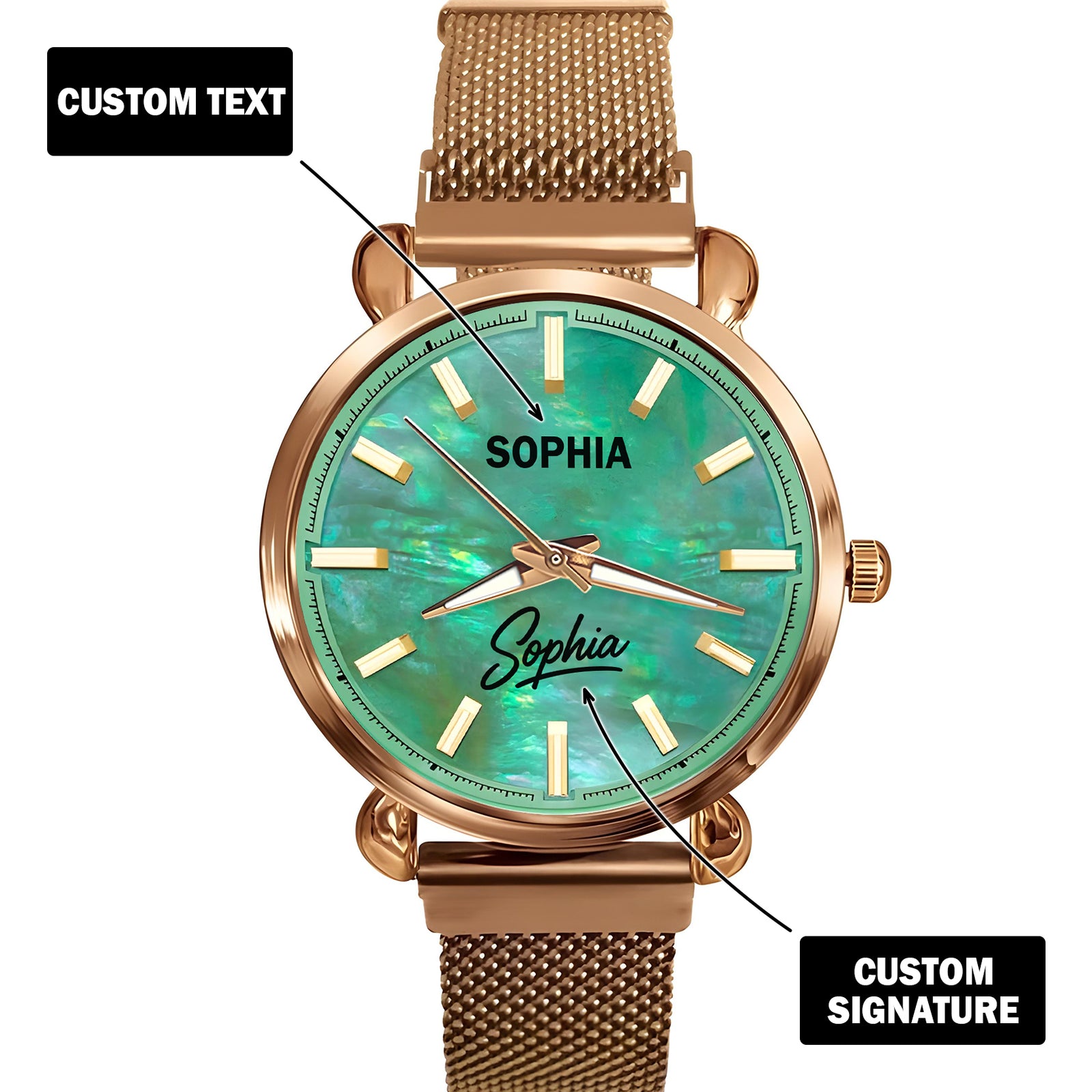 Custom Wrist Watches For Ladies - Green Mother Of Pearl Dial - Rose Gold Watches For Ladies