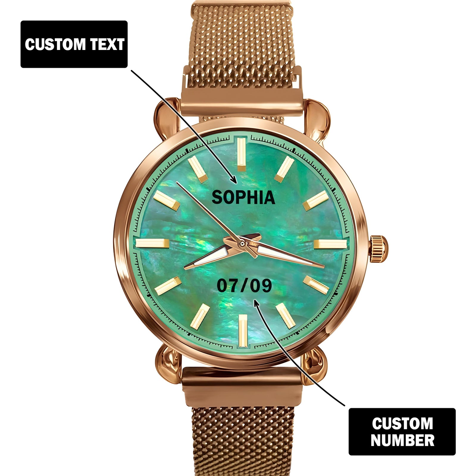 Custom Wrist Watches For Ladies - Green Mother Of Pearl Dial - Rose Gold Watches For Ladies
