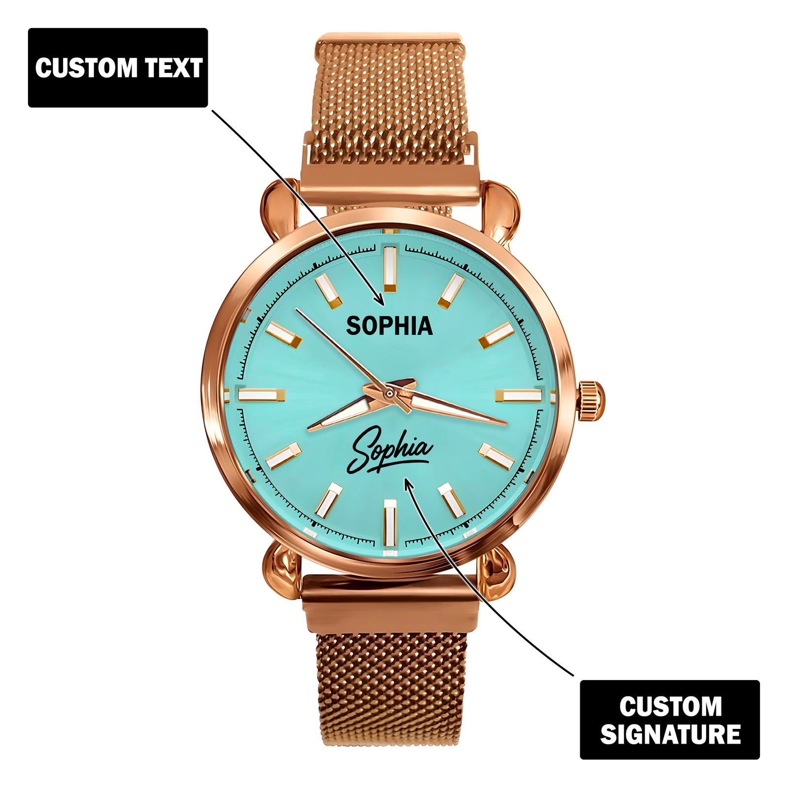 Custom Wrist Watches For Ladies - Turquoise Blue Dial - Rose Gold Watches For Ladies