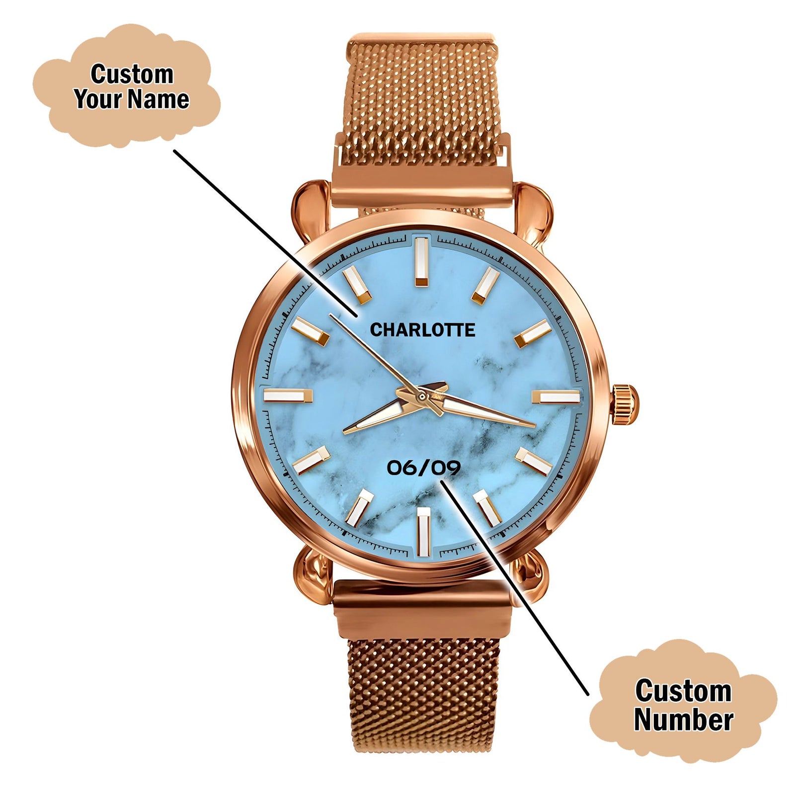 Custom Wrist Watches For Ladies - Azure Marble Dial - Rose Gold Watches For Ladies