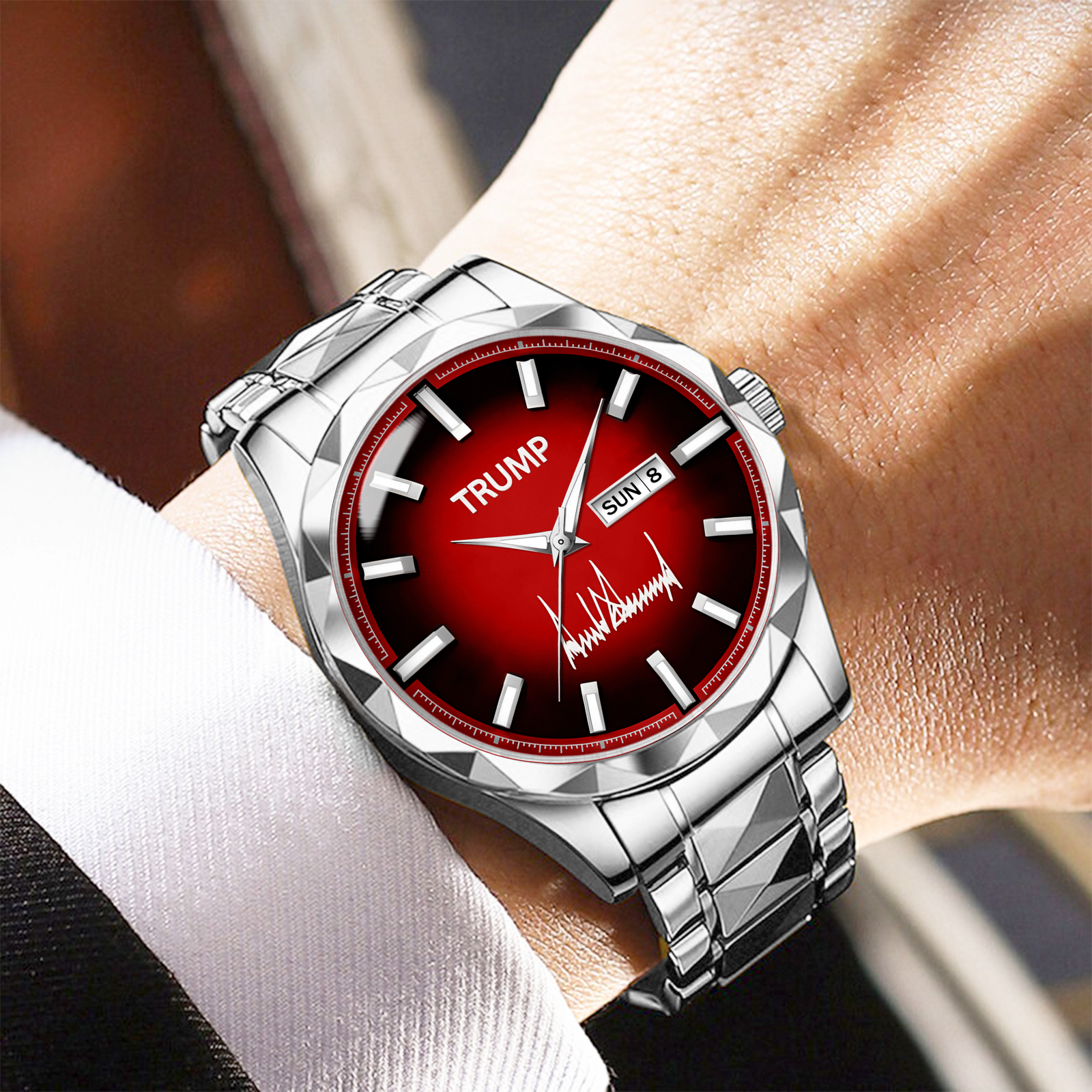 TRUMP Watch 2025 – Silver Strap, Red Dial for Men