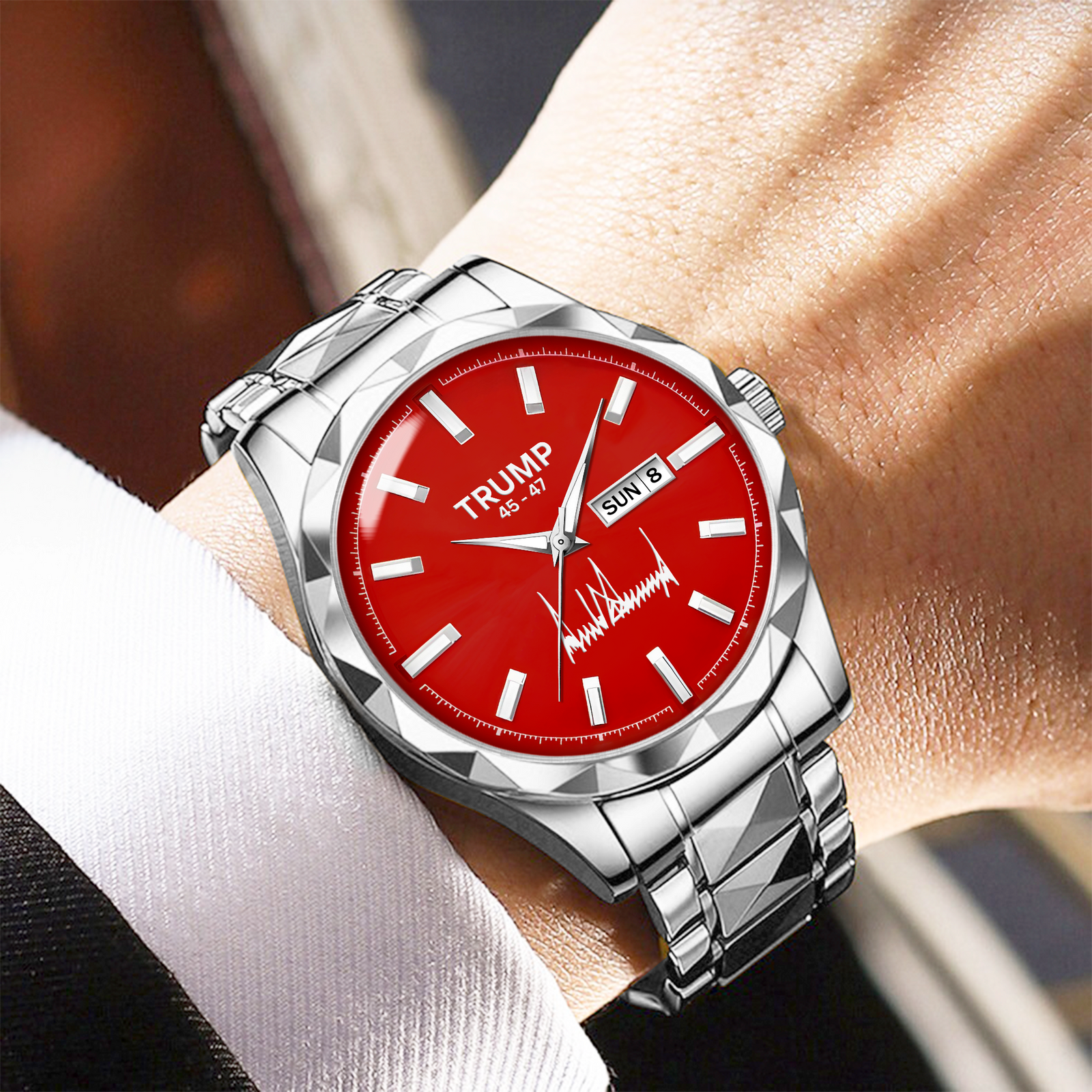TRUMP 45-47 Watch 2025 Silver Red Dial – Luxury Steel Watch for Men