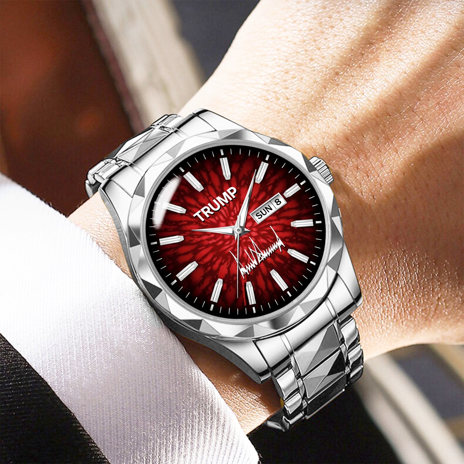 TRUMP Watch Luxury Silver Steel – Royal Red Ruby Burst Dial