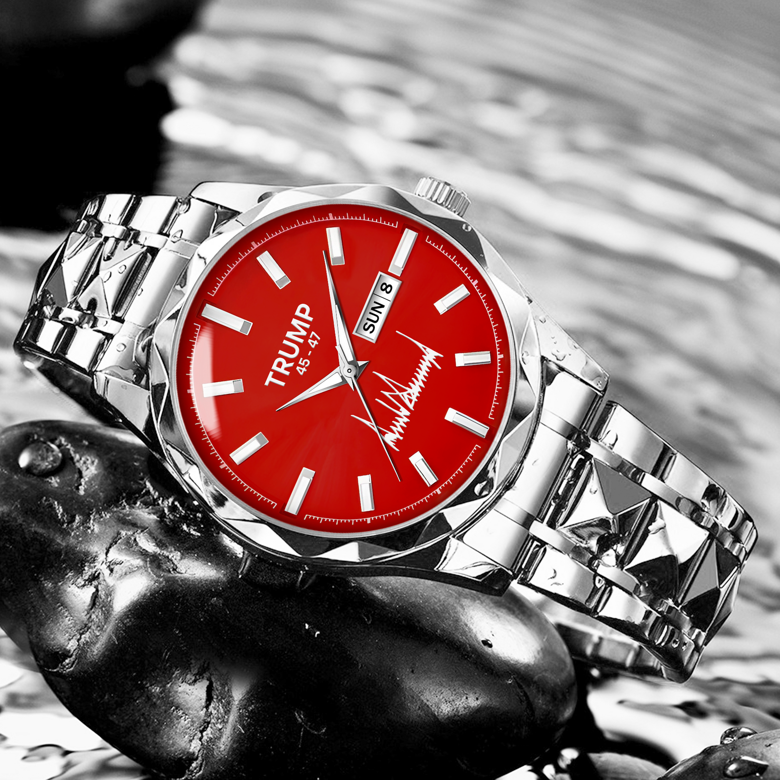 TRUMP 45-47 Watch 2025 Silver Red Dial – Luxury Steel Watch for Men