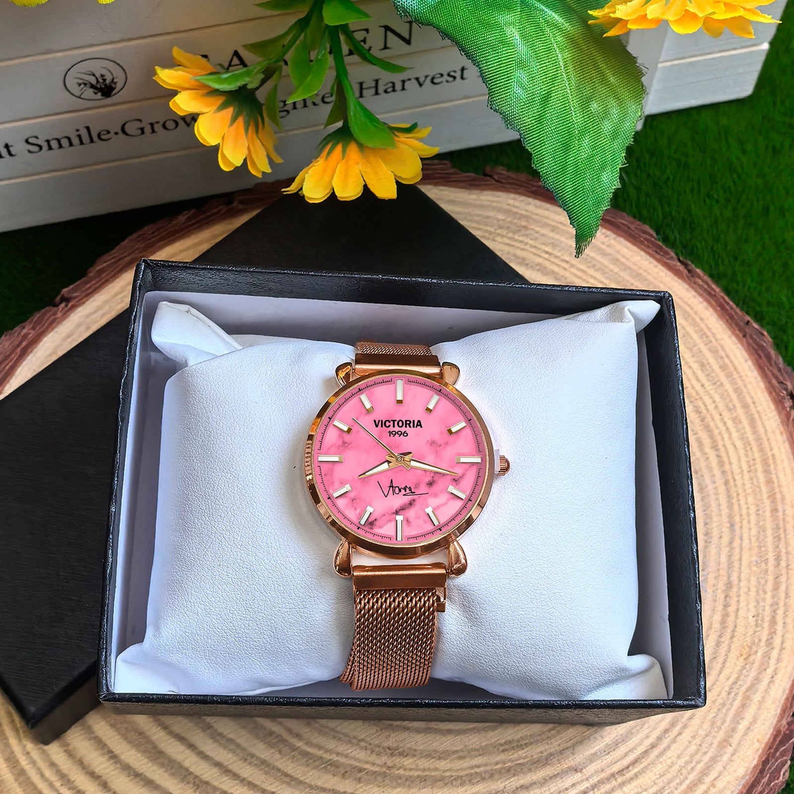 Custom Wrist Watches For Ladies - Rose Quartz Dial - Rose Gold Watches For Ladies