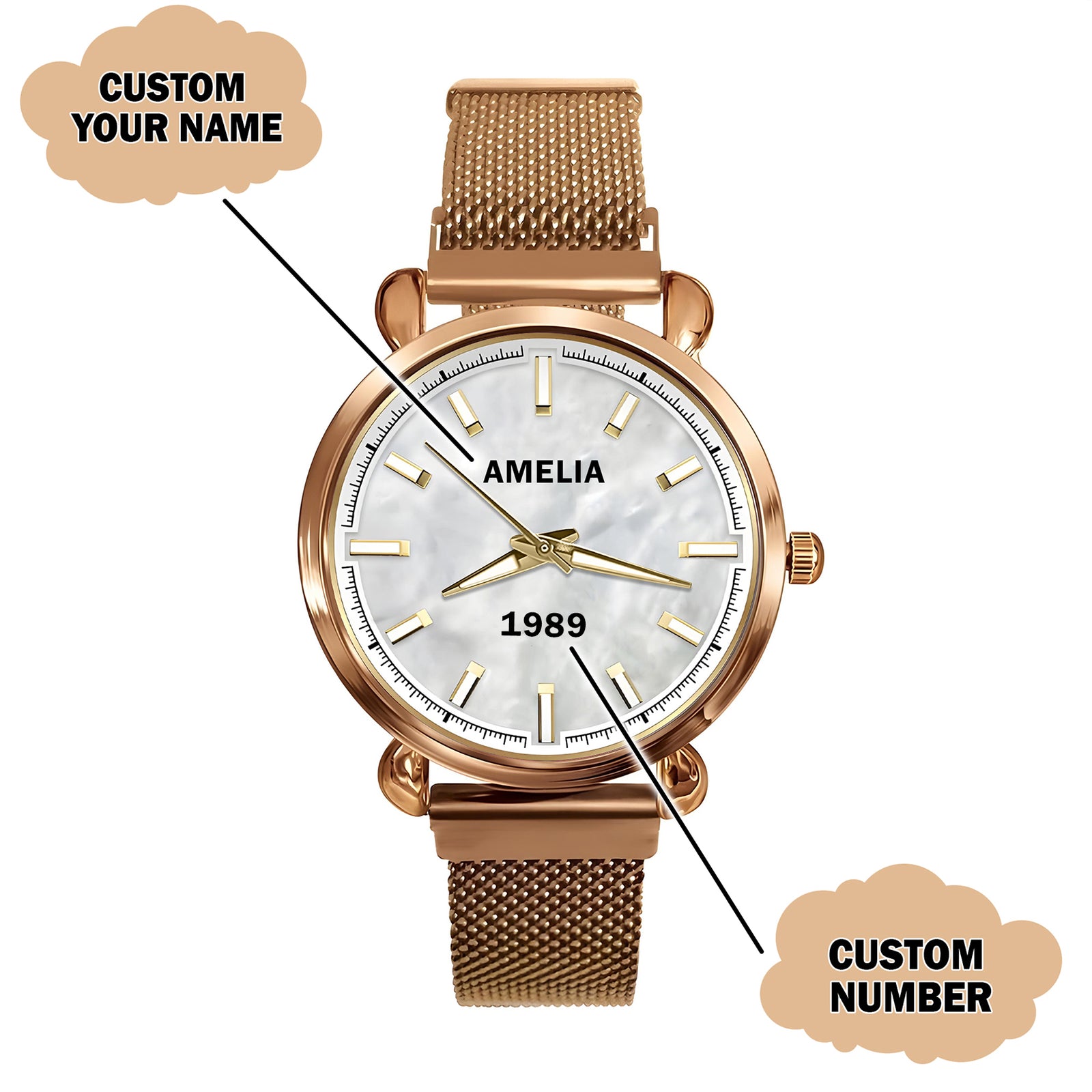 Custom Wrist Watches For Ladies - White Mother Of Pearl Dial - Rose Gold Watches For Ladies