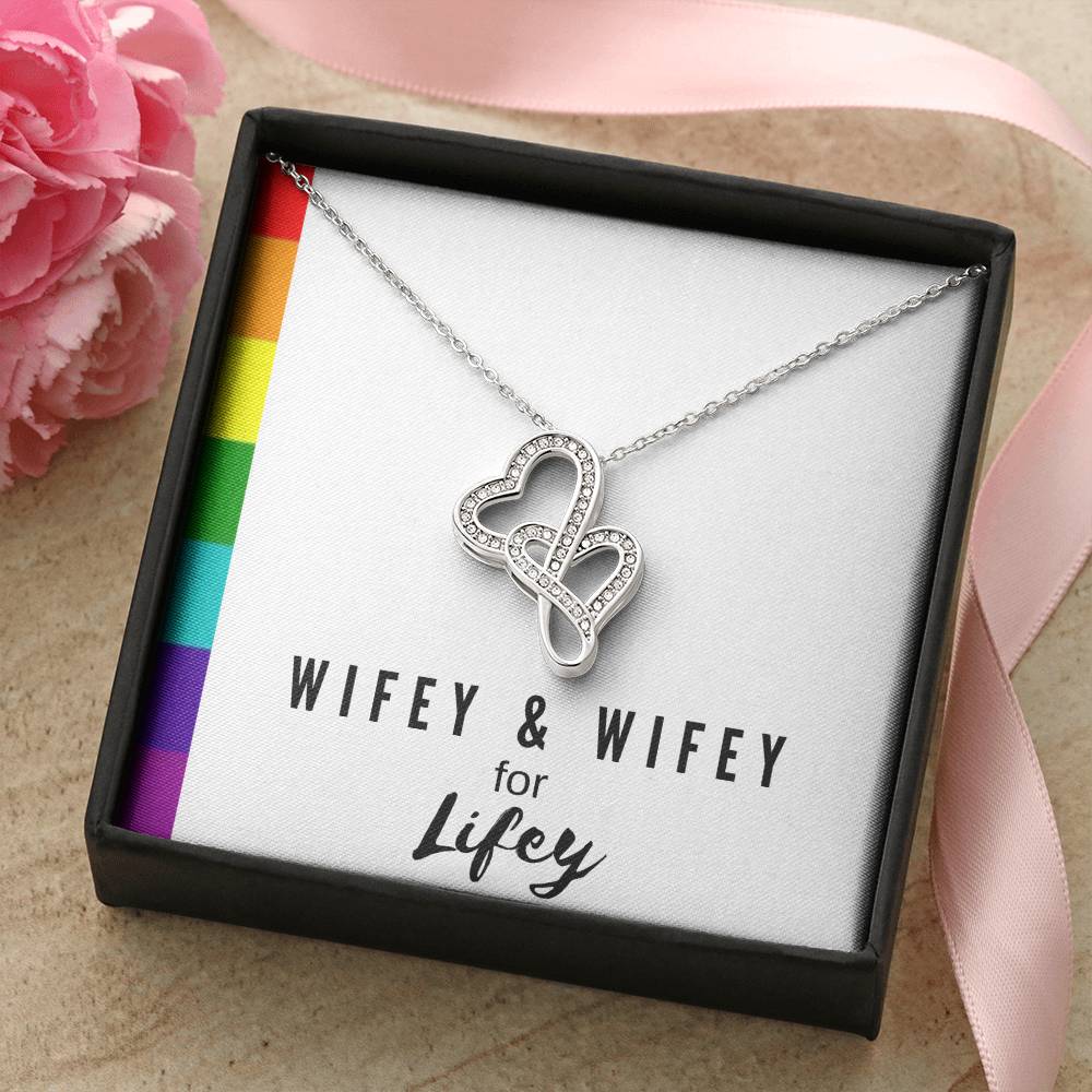 Wifey & Wifey For Lifey 14K White Gold Finish Double Hearts Necklace