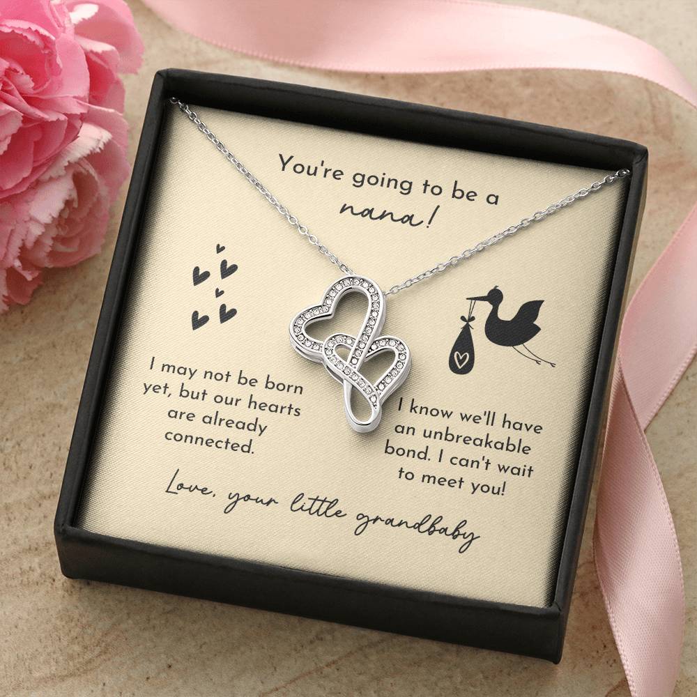 Nana To Be Birth Announcement Double Hearts Yellow Stork Double Hearts Necklace