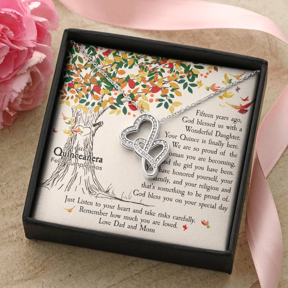 Quinceañera Feliz Cumpleaños Happy Birthday Double Hearts Necklace
