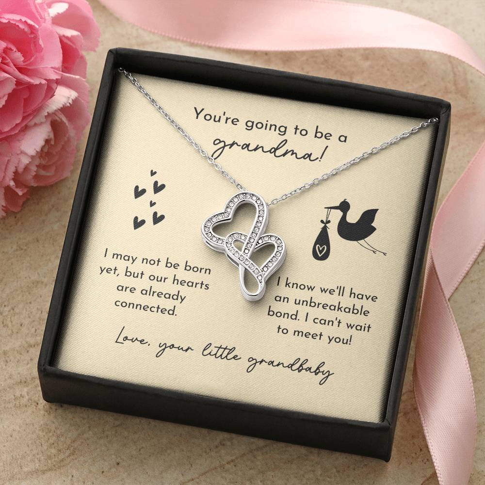 Grandma To Be Birth Announcement Double Hearts Yellow Stork Double Hearts Necklace