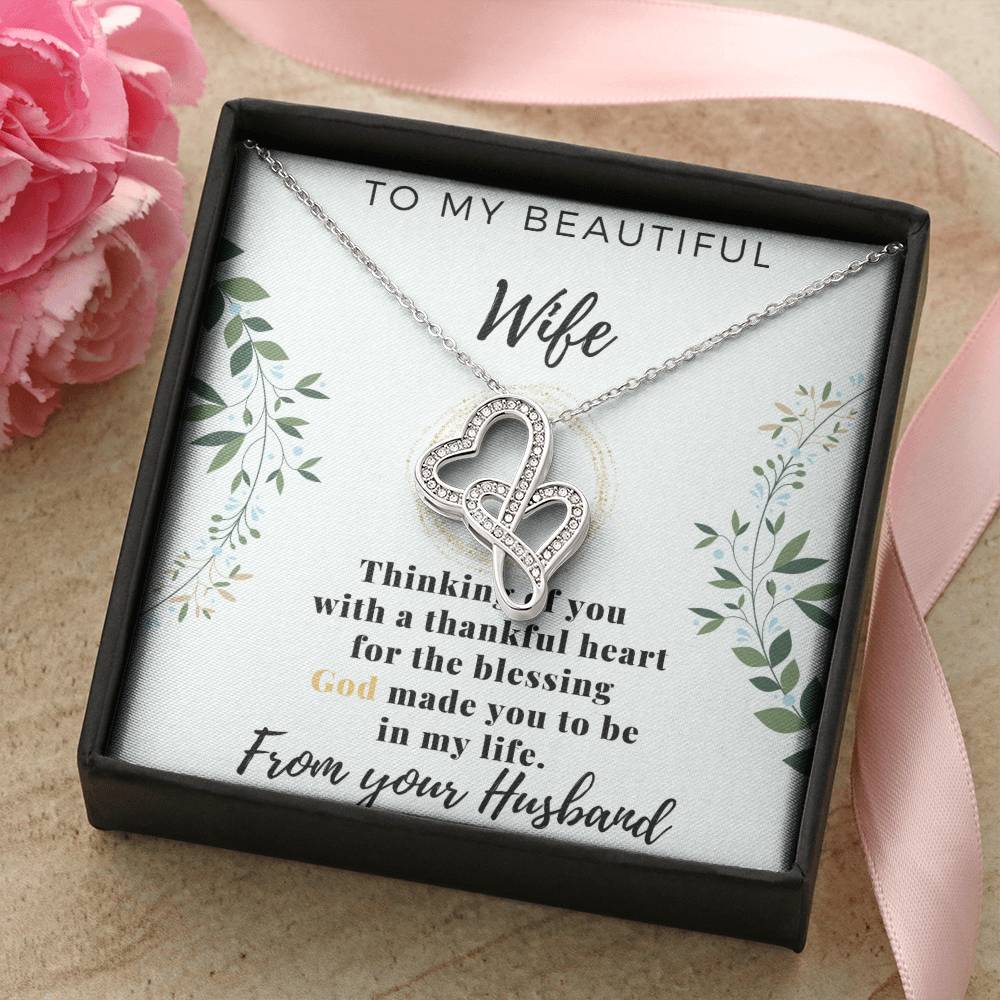 To My Beautiful Wife - Love From Your Husband - Gift For Wife From Husband - Anniversary Necklace For Wife Wife Birth Double Hearts Necklace