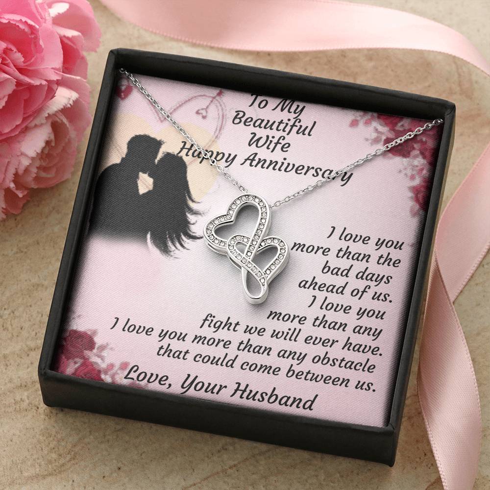 To My Beautiful Wife Happy Anniversary - Double Hearts Necklace