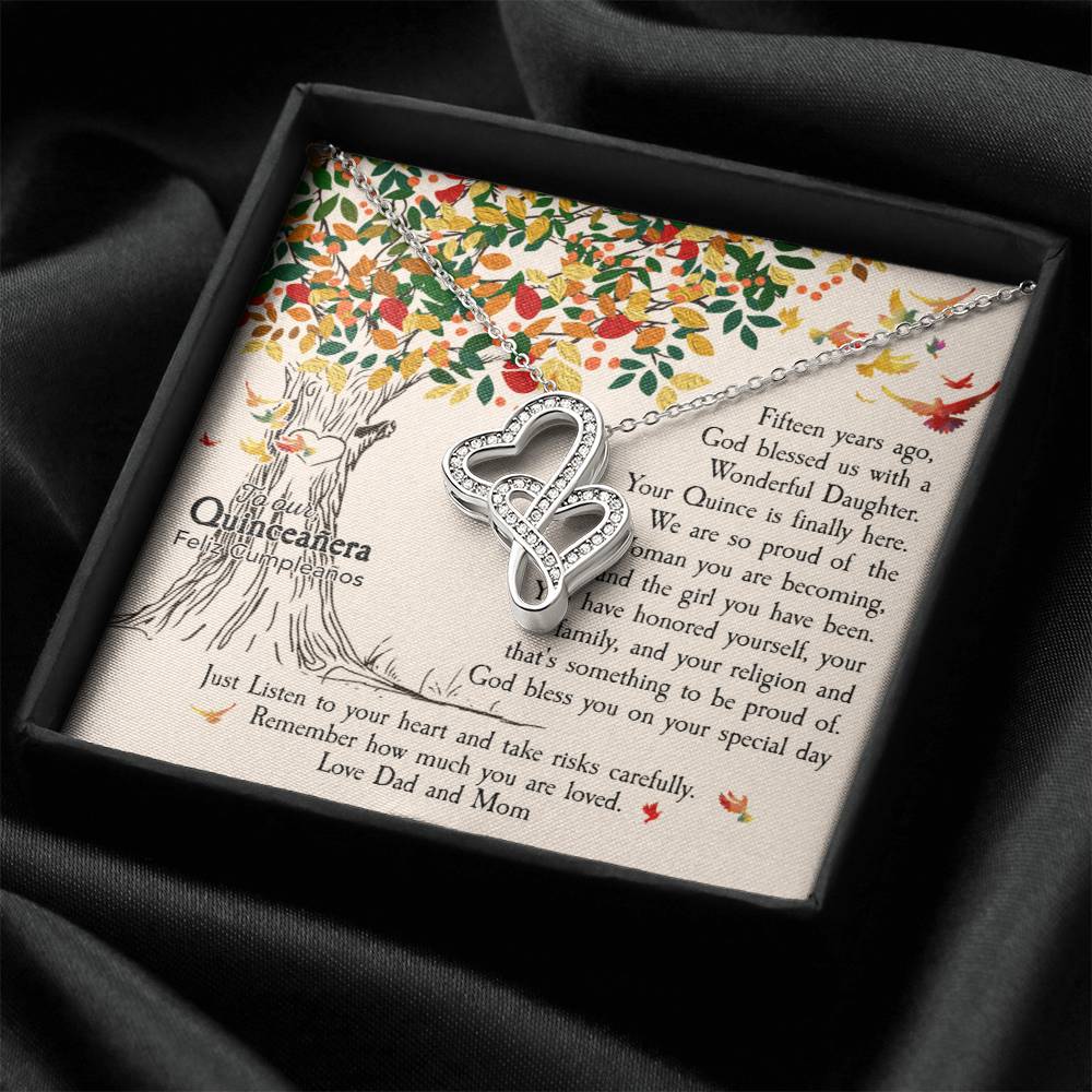 Quinceañera Feliz Cumpleaños Happy Birthday Double Hearts Necklace