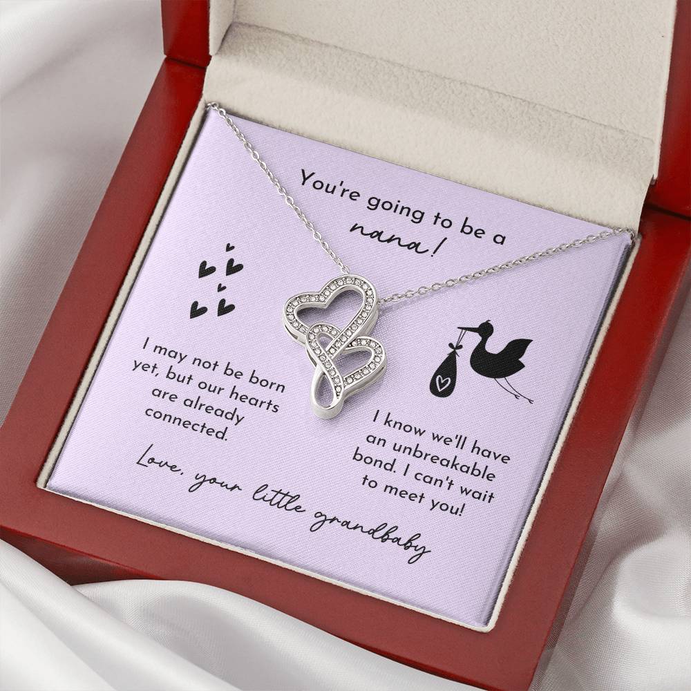 Nana To Be Birth Announcement Double Hearts Lavender Stork Double Hearts Necklace