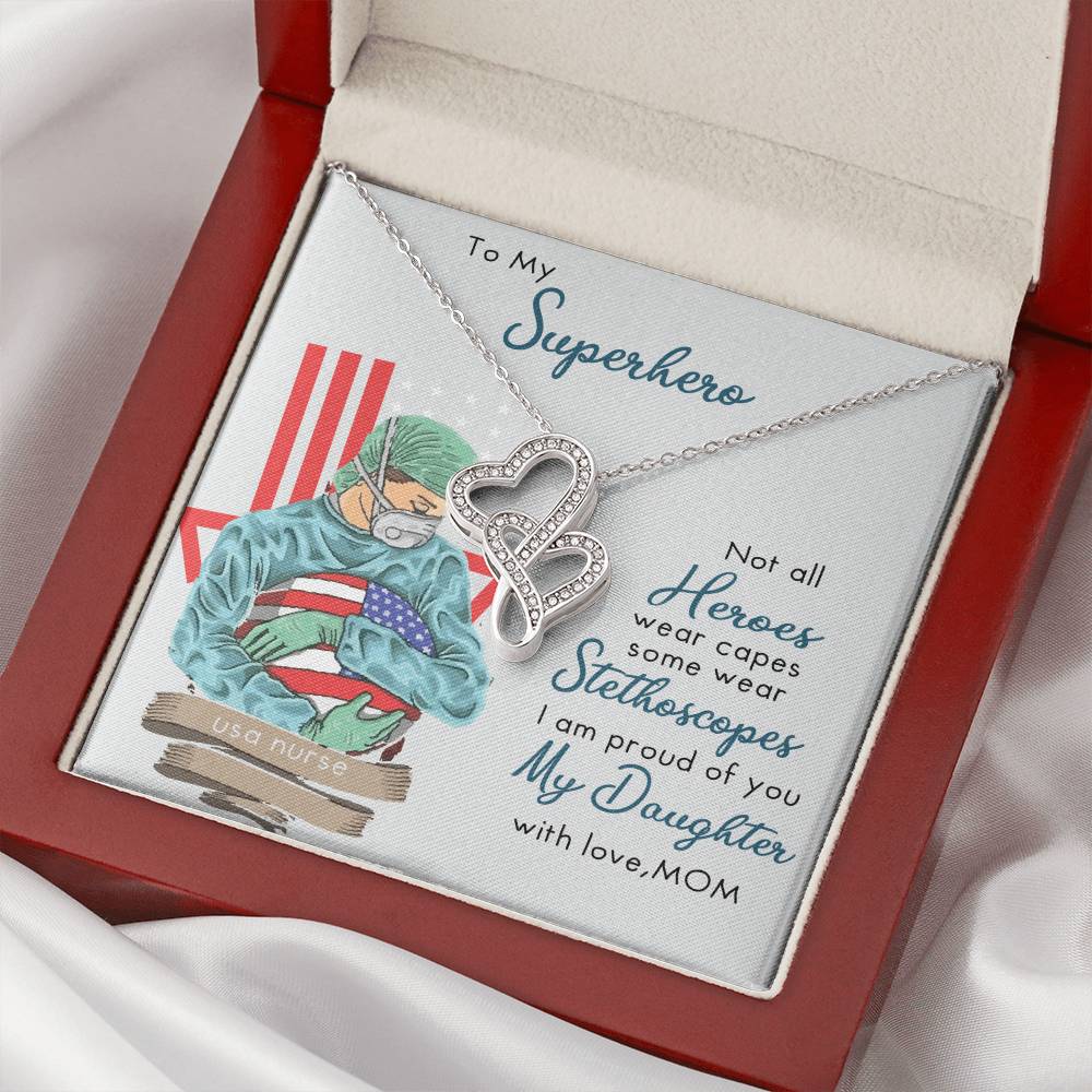 My Superhero Nurse Daughter Interlocking Double Hearts Necklace
