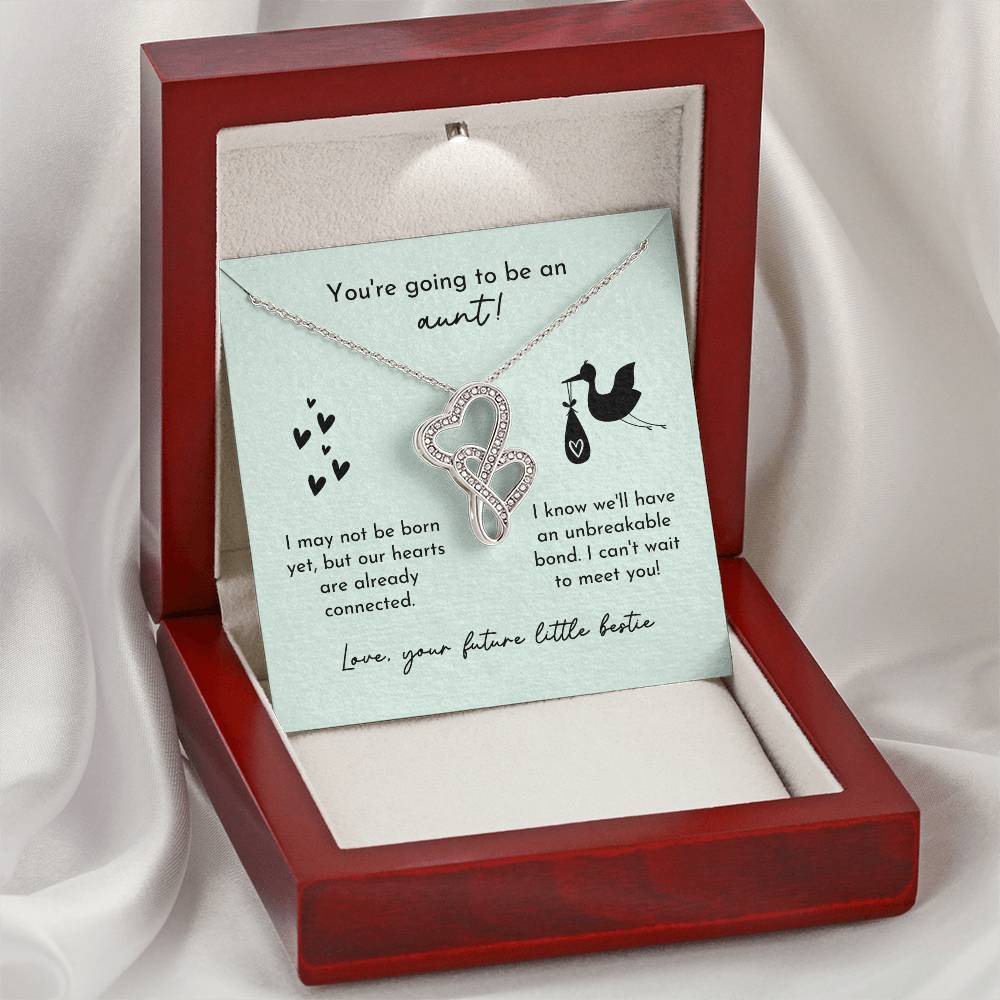 Aunt To Be Birth Announcement Double Hearts Mint Stork Double Hearts Necklace