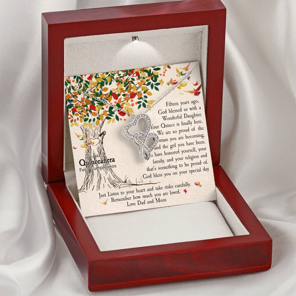 Quinceañera Feliz Cumpleaños Happy Birthday Double Hearts Necklace