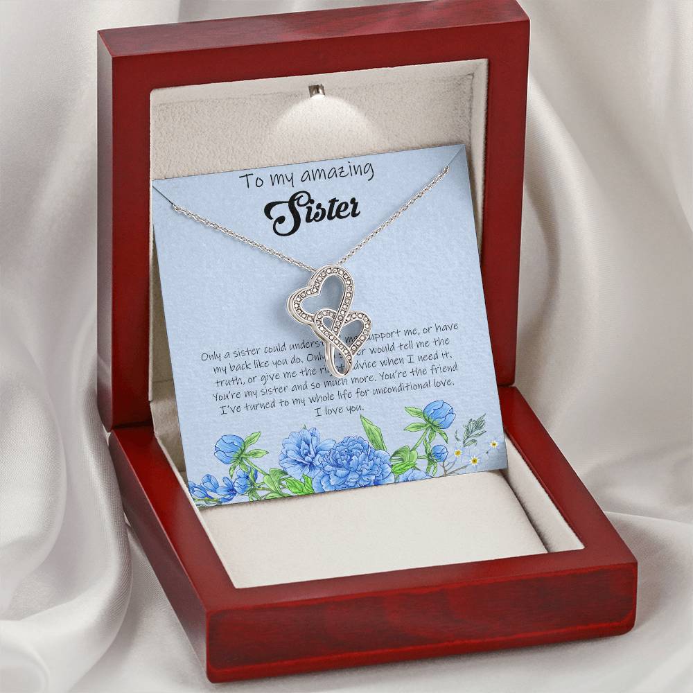 To My Amazing Sister - Blue Double Hearts Necklace