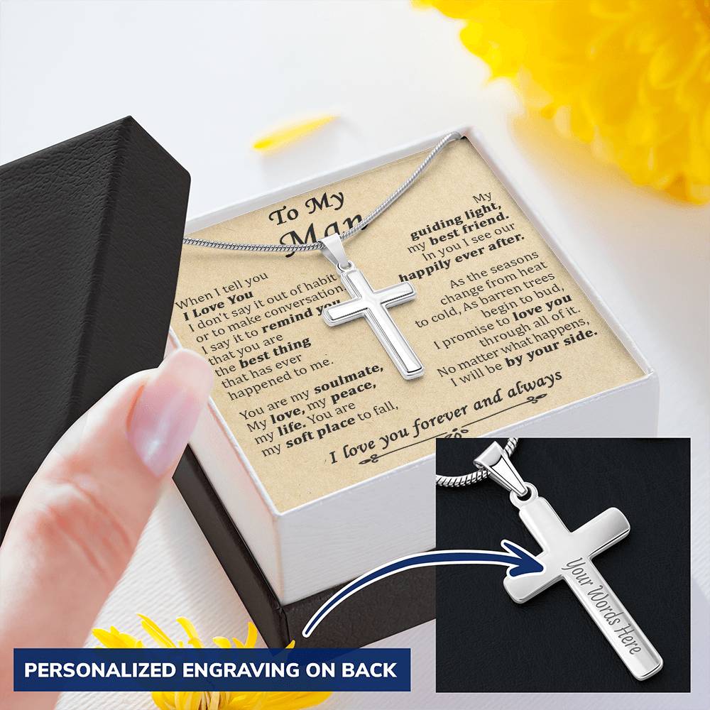 For Your Man - I Will Be By Your Side - Cross Customize Engraved Cross Necklace