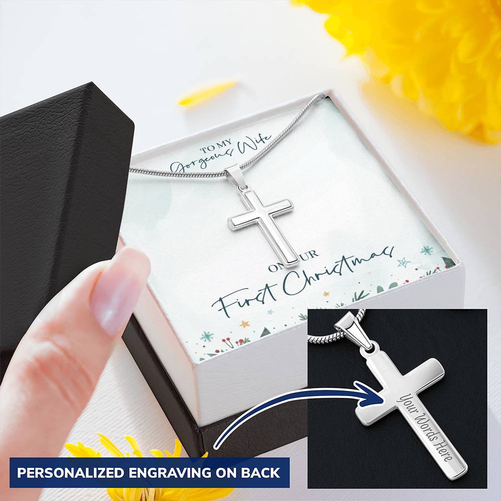 Christmas Gift - Customize Cross Necklace With Mahogany Style Luxury Box Customize Engraved Cross Necklace