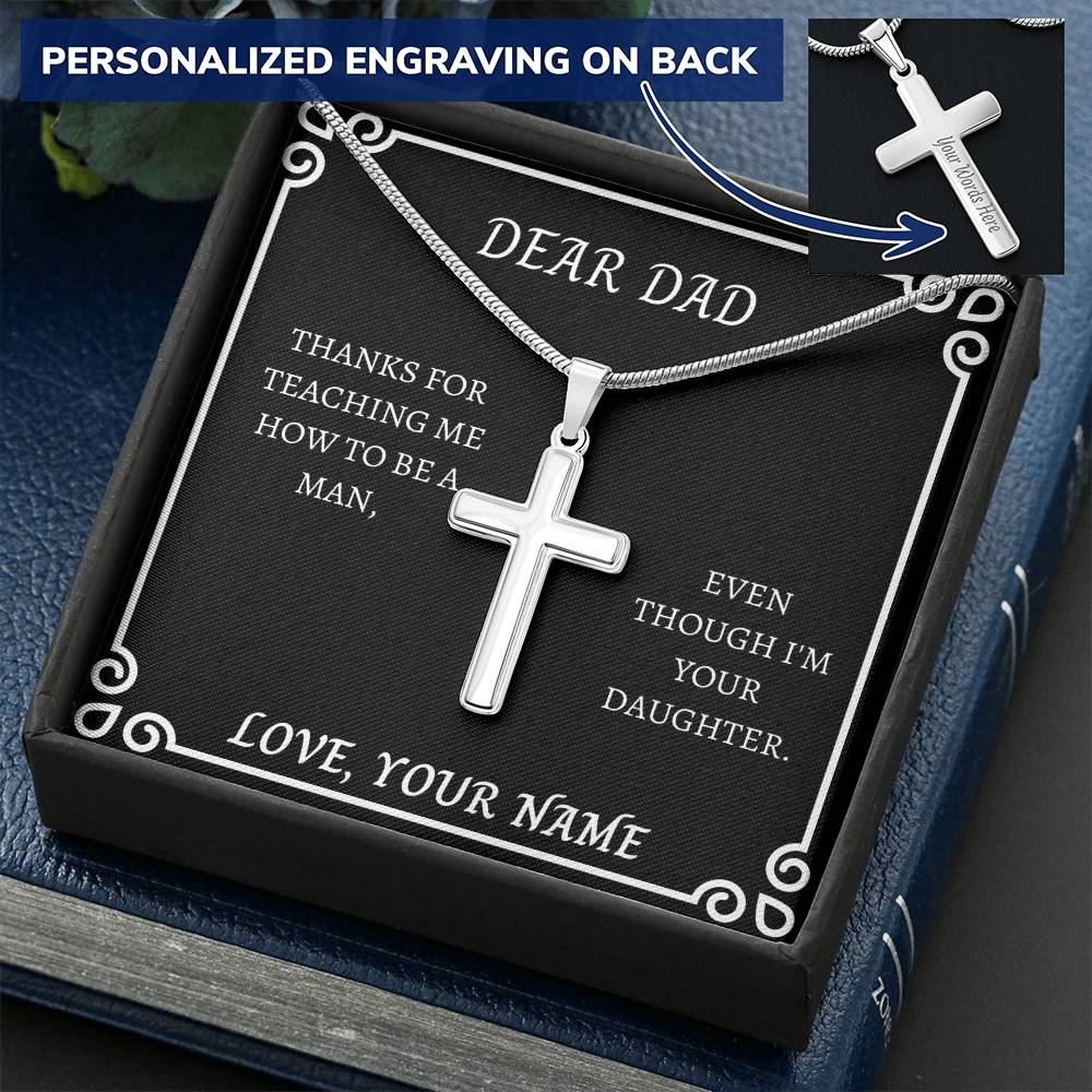 Gift For Dad Thanks For Teaching Me How To Be A Man. Customize Engraved Cross Necklace