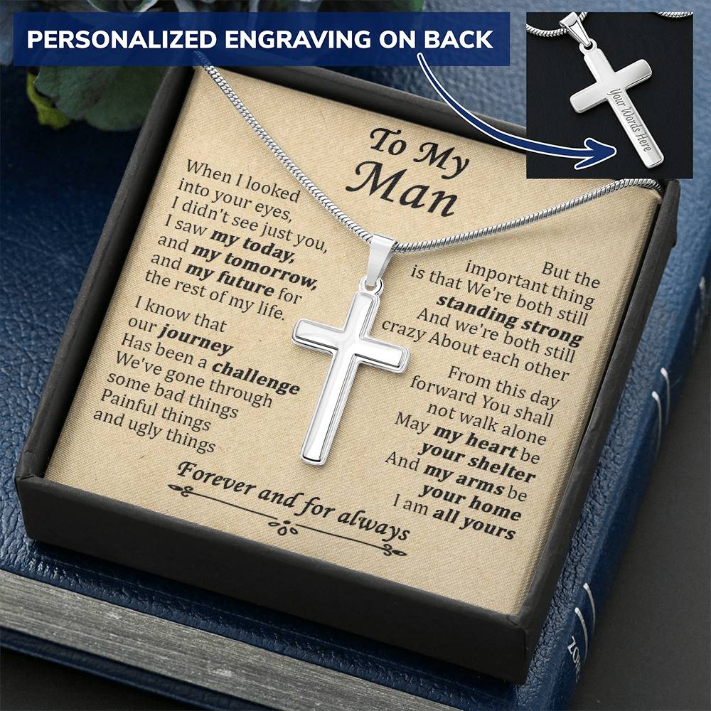 For Your Man - For Always - Cross Customize Engraved Cross Necklace