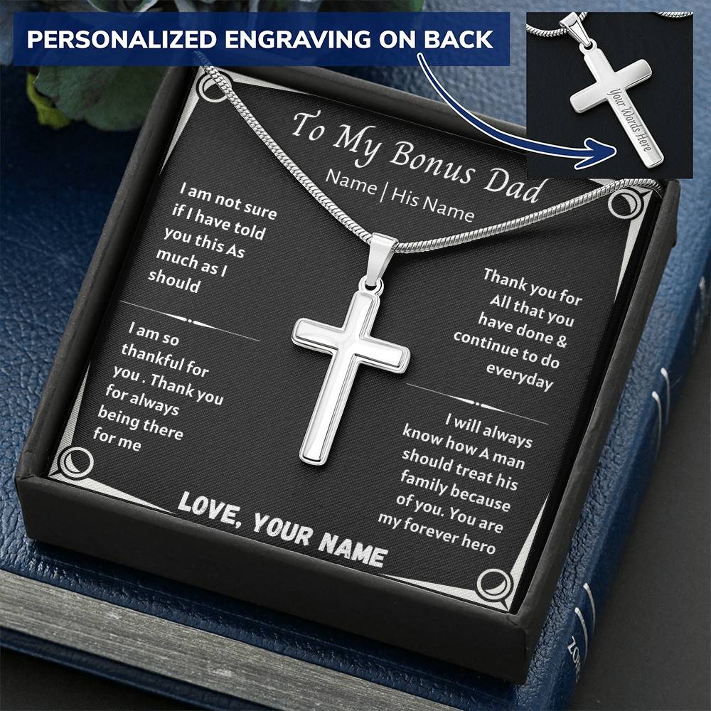 Gift For Bonus Dad Customize Engraved Cross Necklace