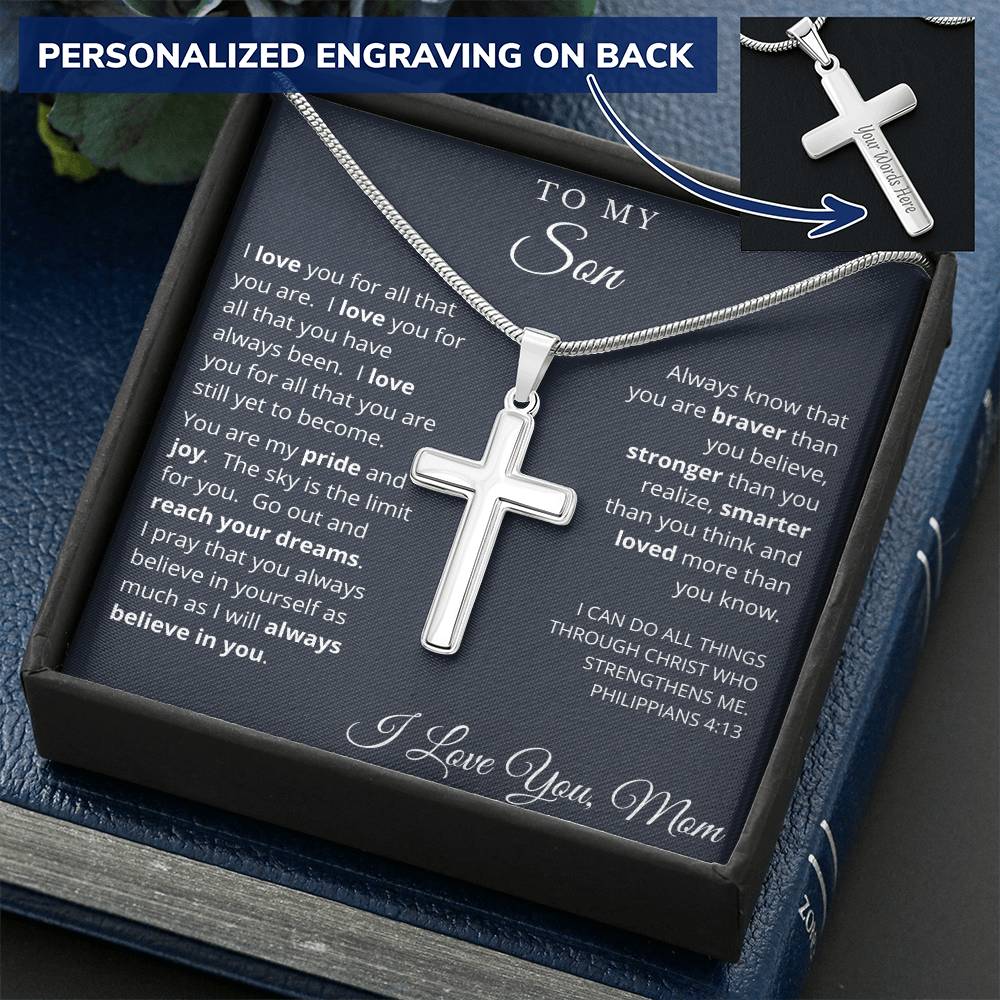 Graduation Gift For Son From Mom - Cross Necklace - Customize Engraving Customize Engraved Cross Necklace