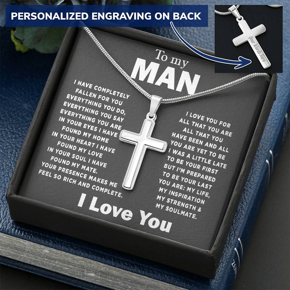 To My Man Cross Necklace Customize Engraved Cross Necklace