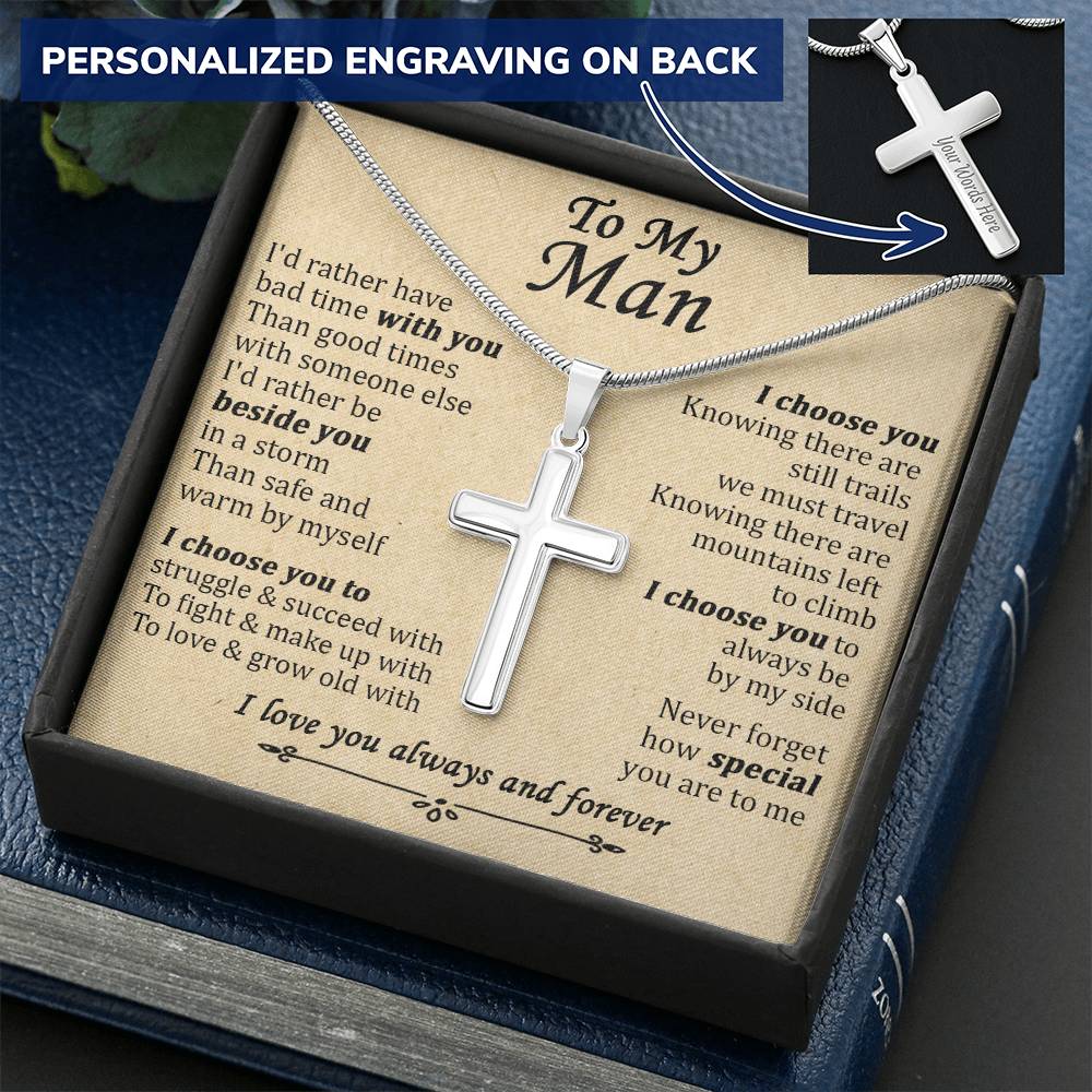 For Your Man - Be Beside You - Cross Customize Engraved Cross Necklace