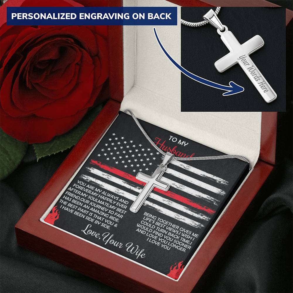 Firefighter Cross Necklace From Wife - Firefighter Birthday Gift Customize Engraved Cross Necklace
