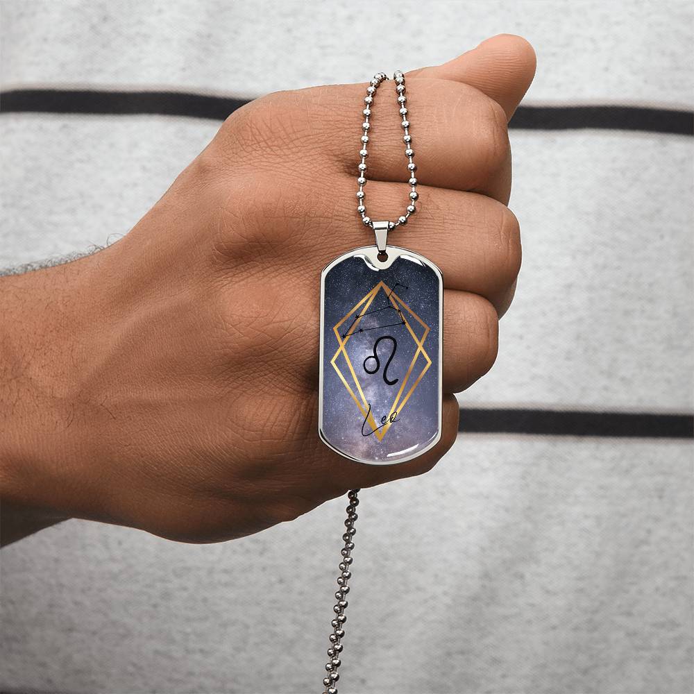 Leo Galaxy Dog Personalized Tag Necklace - Army Tag Necklace, Dog Tag Necklace