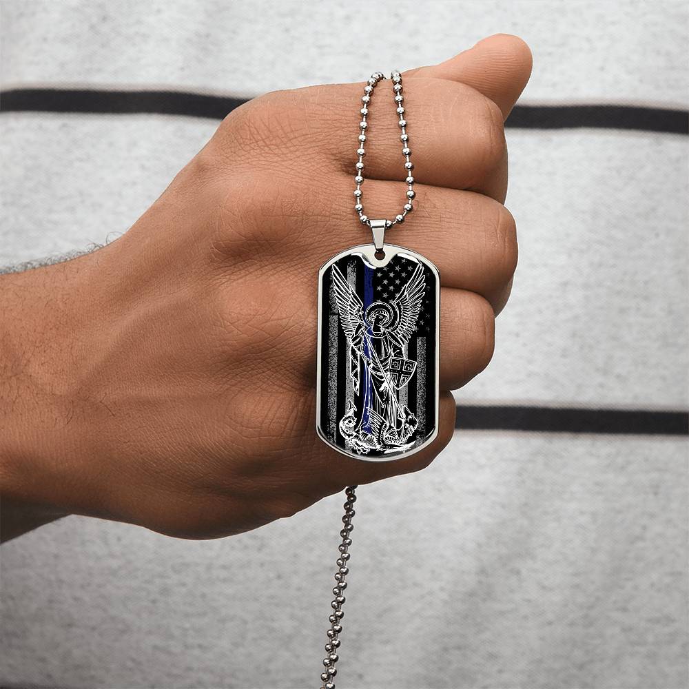 Police Officer Thin Blue Line With Archangel Michael Dogtag - Army Tag Necklace, Dog Tag Necklace