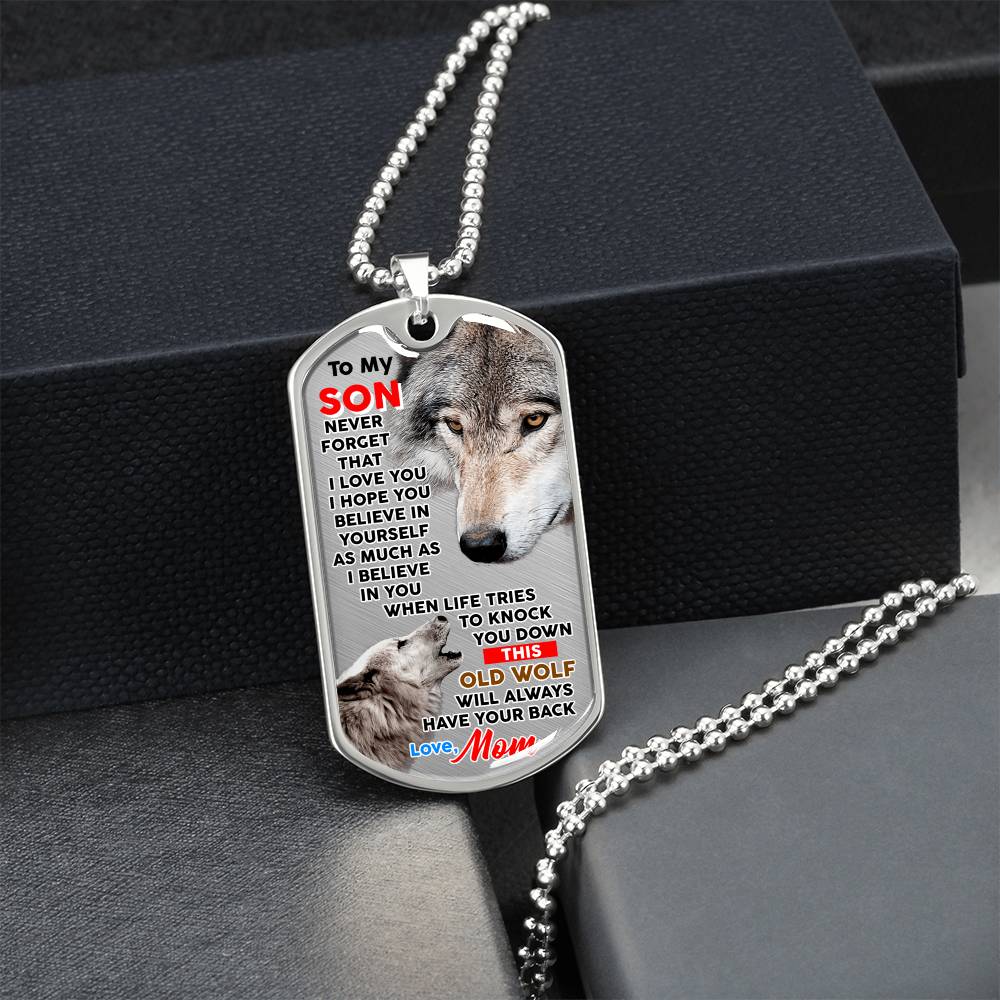 Gift For Son - Gift From Mother - Wolf Mom Gift - Wolf Lover Gift - Gift For Son From Mom - Son's Birthday Gift - Mother Son Gift - Army Tag Necklace, Dog Tag Necklace