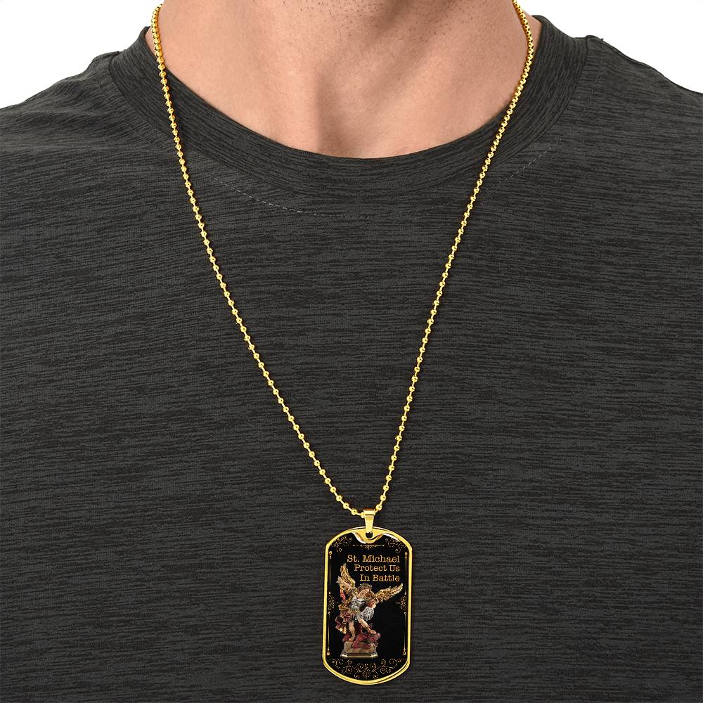 Men's Bronze Archangel St. Michael Shield Necklace, Antiqued Brass Chain, St Michael Protect Us In Battle Police Dog Tag - Army Tag Necklace, Dog Tag Necklace