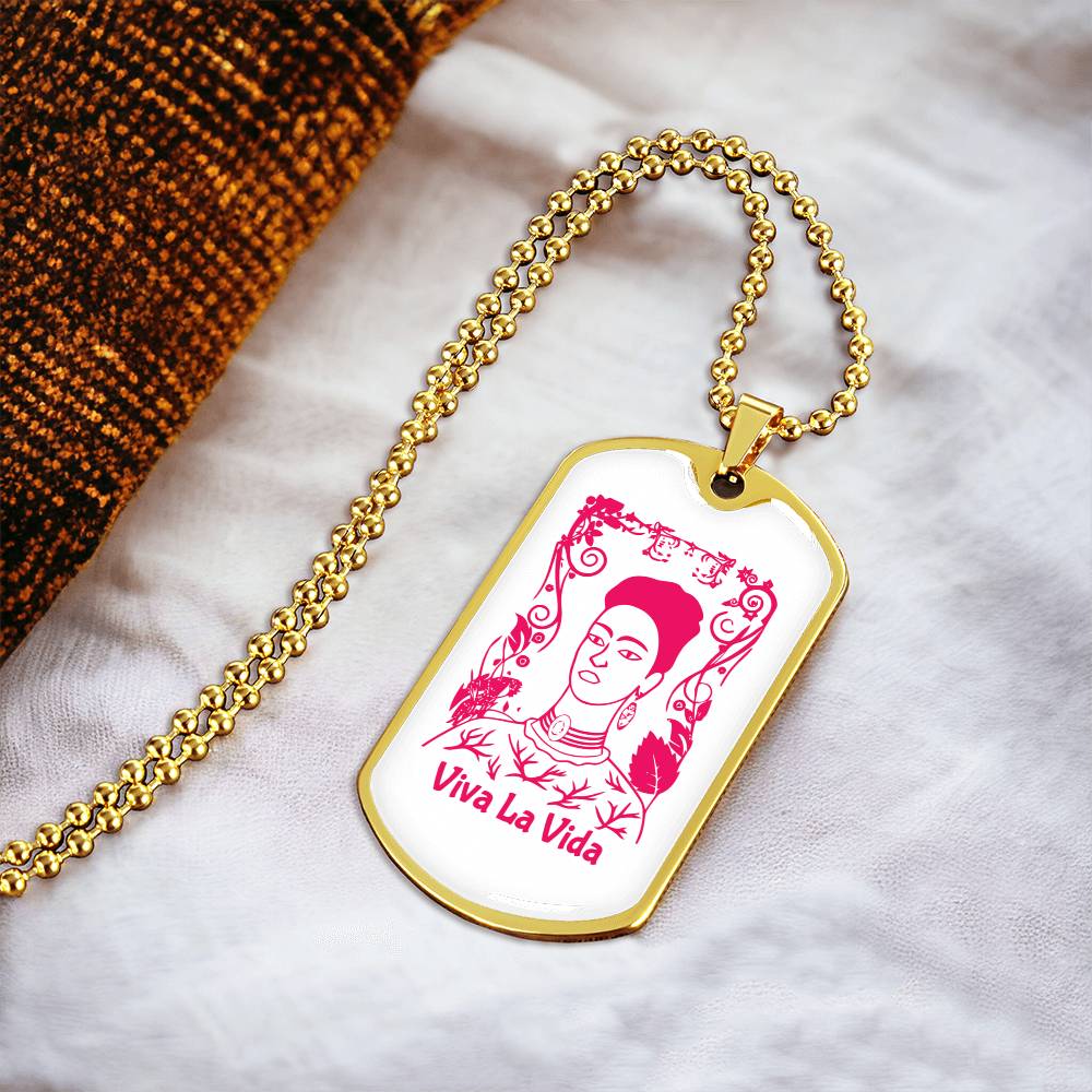 Frida Viva La Vida Pendant Necklace - Army Tag Necklace, Dog Tag Necklace