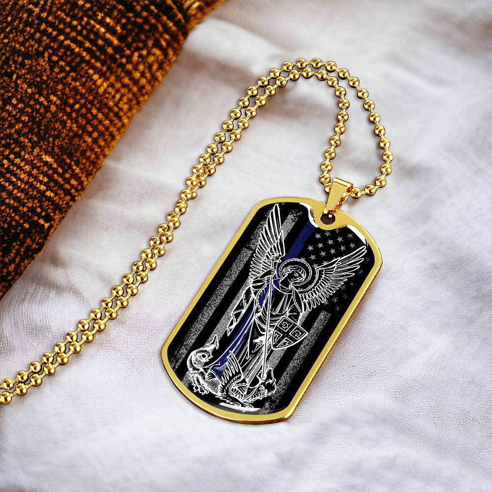 Police Officer Thin Blue Line With Archangel Michael Dogtag - Army Tag Necklace, Dog Tag Necklace