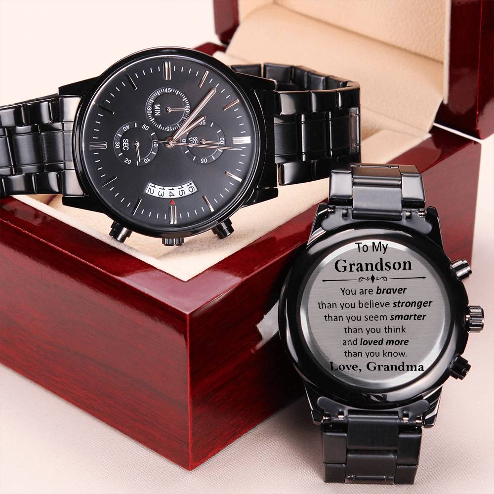 To My Grandson - Love Grandma Engraved Black Chronograph Watch Engraving Chronograph Watch