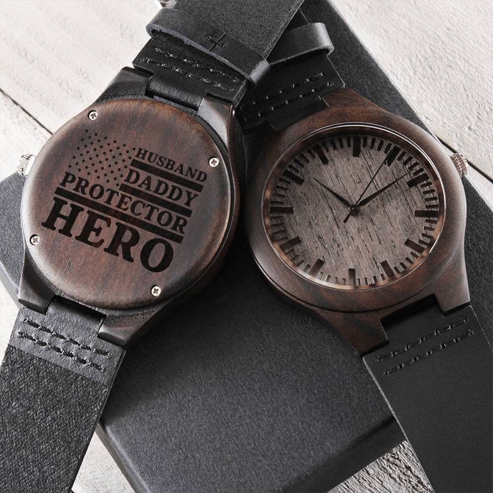 Husband Daddy Protector Hero Husband - Daddy - Protector - Hero - Black Wooden Watch Police Husband Gift New Daddy Pol1 Engraved Wooden Watch