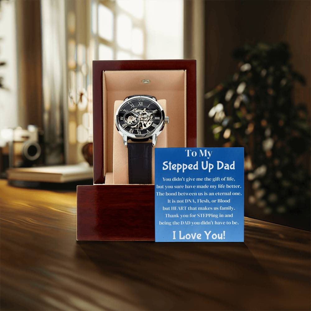 Men Skeleton Leather Band Automatic Movement Stepped Up Bonus Dad Gift Openwork Watch