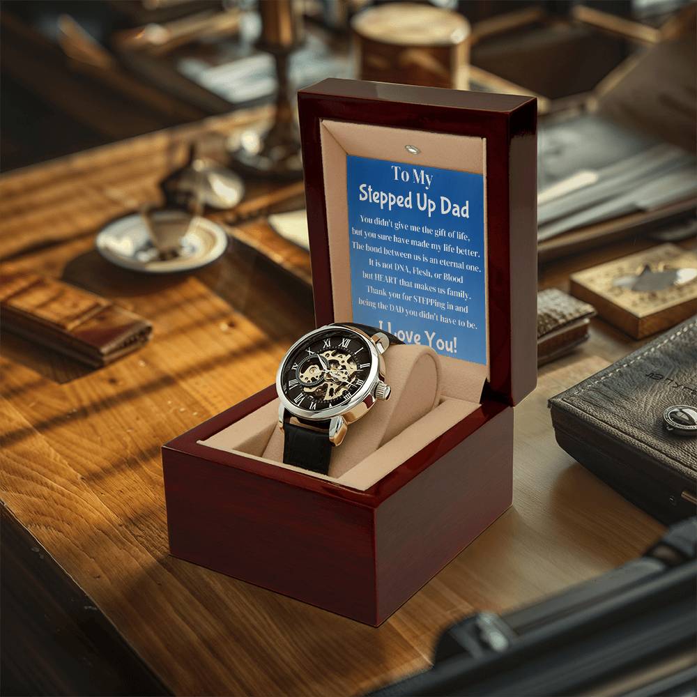 Men Skeleton Leather Band Automatic Movement Stepped Up Bonus Dad Gift Openwork Watch