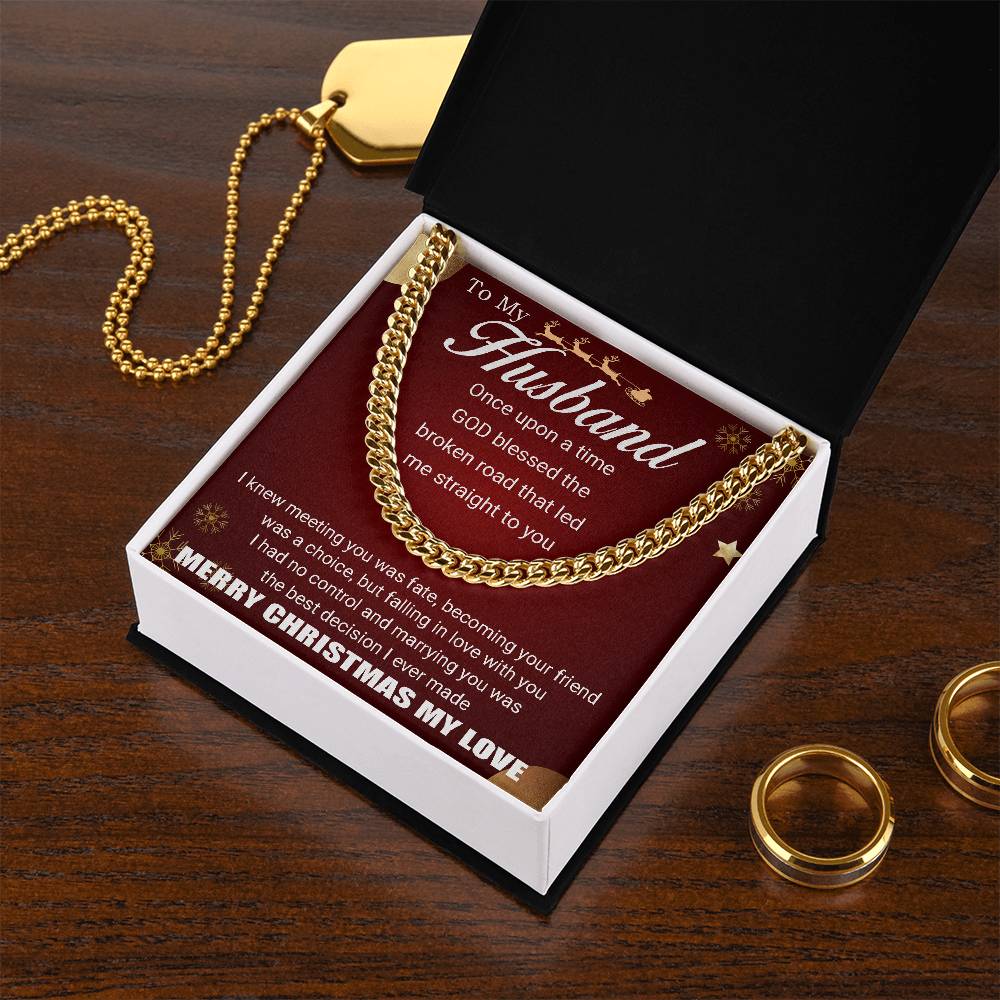To My Husband - Merry Christmas - Chain Necklace + Mahogany Luxury Gift Box Cuban Link Chain
