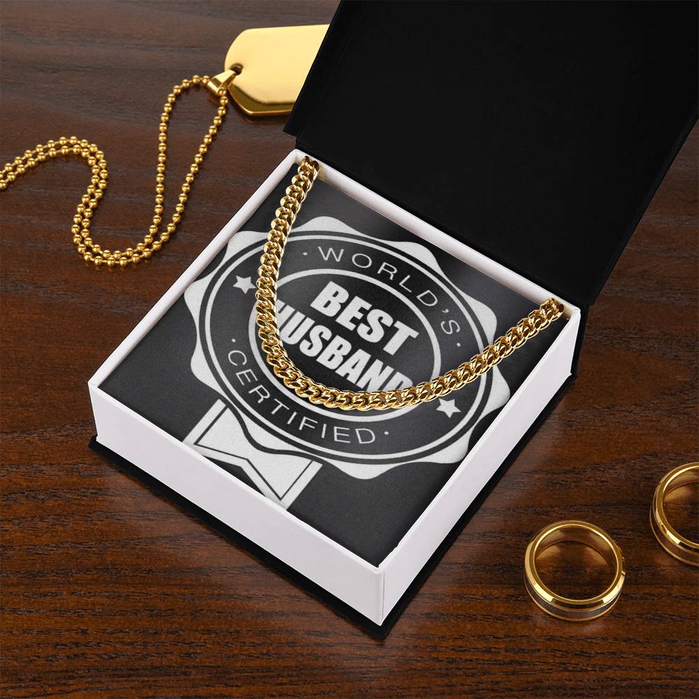 Worlds Best Husband Certified Beautiful Chain And Gift Box For Him Choose Silver Or Gold Cuban Link Chain