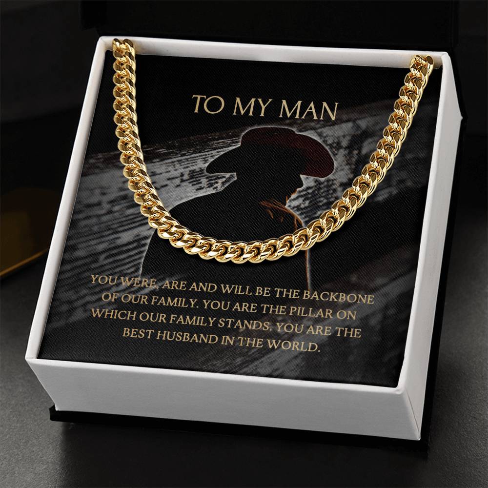 To My Man - Our Family Backbone - Necklace+Message Card In A Luxury Mahogany Box+Led Cuban Link Chain