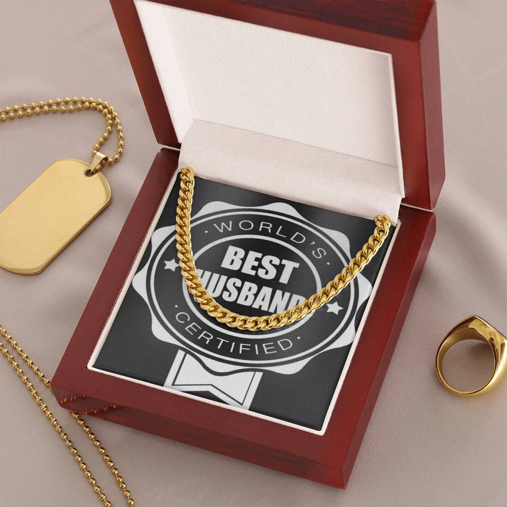 Worlds Best Husband Certified Beautiful Chain And Gift Box For Him Choose Silver Or Gold Cuban Link Chain