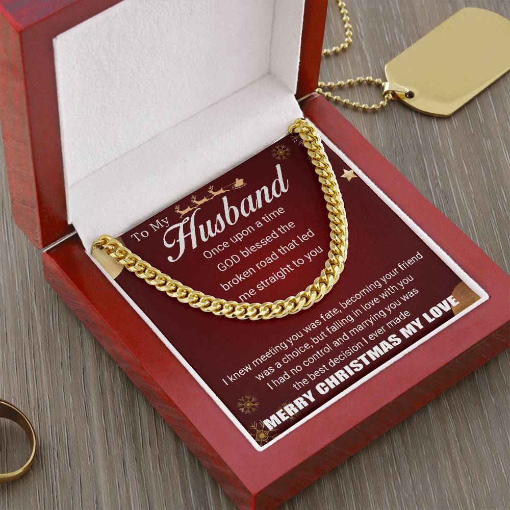 To My Husband - Merry Christmas - Chain Necklace + Mahogany Luxury Gift Box Cuban Link Chain