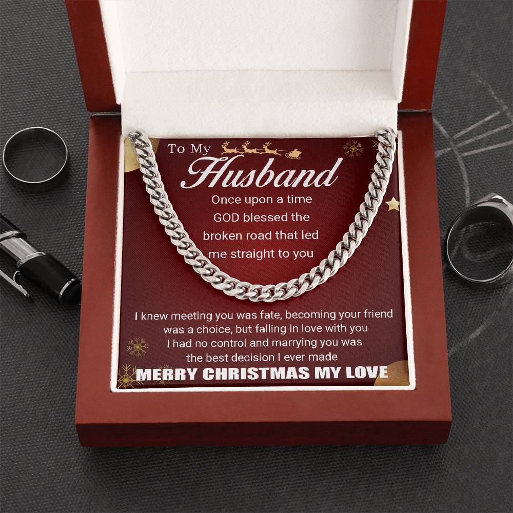 To My Husband - Merry Christmas - Chain Necklace + Mahogany Luxury Gift Box Cuban Link Chain