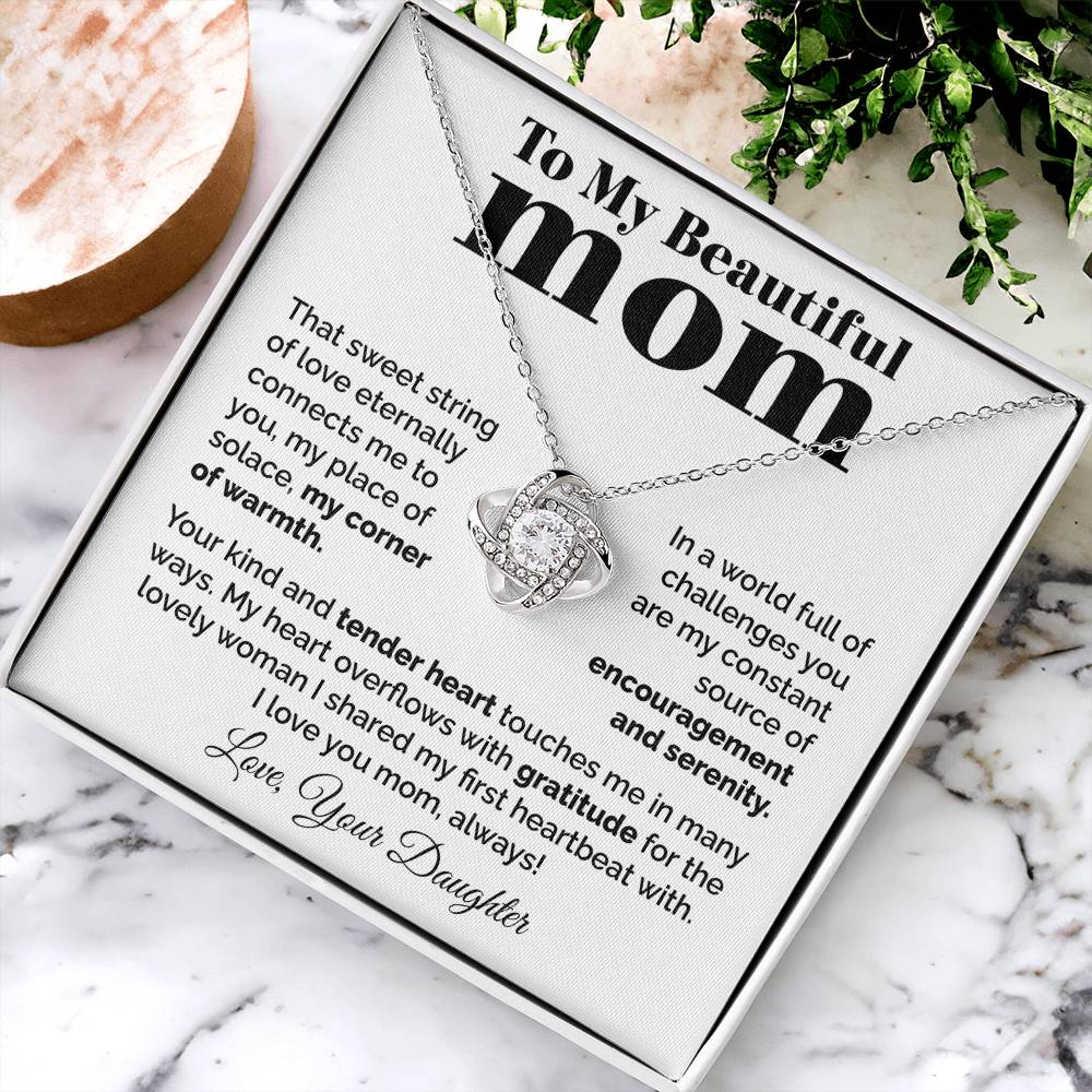 To My Beautiful Mom - Heart Melt Message Love Knot Necklace Love Knot Necklace