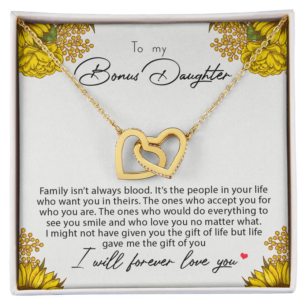 To My Bonus Daughter Family Isn'T Always Blood Interlocking Hearts Necklace